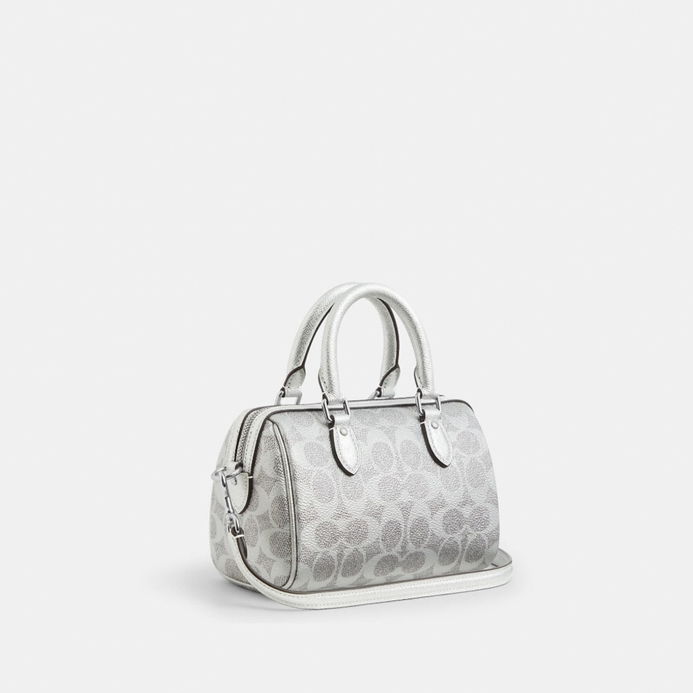 Coach Boxed Set Mini Rowan Bag with Mirror Bag Charm in Silver Signature Canvas - Picture 5 of 5